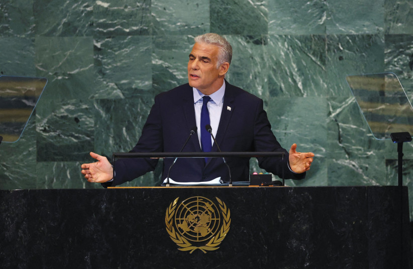  THEN-PRIME minister Yair Lapid addresses the annual opening of the UN General Assembly, in September. (photo credit: Mike Segar/Reuters)