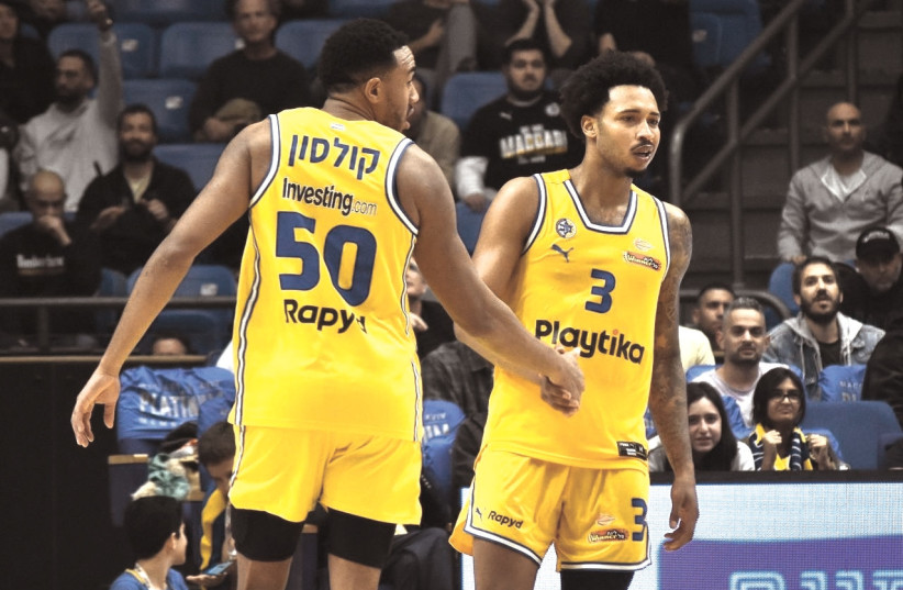  MACCABI TEL AVIV teammates Bonzie Colson and Jalen Adams (right) combined for 51 points in the 108-104 double-overtime victory over Hapoel Haifa. (photo credit: YEHUDA HALICKMAN)
