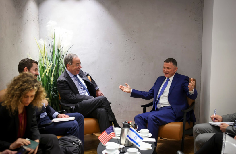  Israeli Knesset Foreign Affairs and Defense Committee Chairman MK Yuli Edelstein (R) is seen meeting with Israeli Ambassador to the US Tom Nides, on January 11, 2023. (photo credit: NOAM MOSCOWITZ/KNESSET SPOKESMAN'S OFFICE)