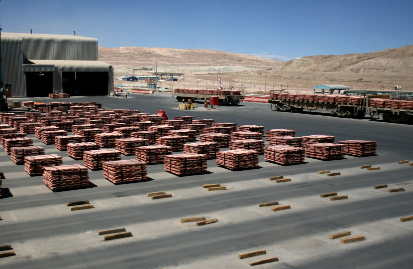  Sheets of copper cathode are pictured at BHP Billiton's Escondida, the world's biggest copper mine, in Antofagasta (photo credit: REUTERS)