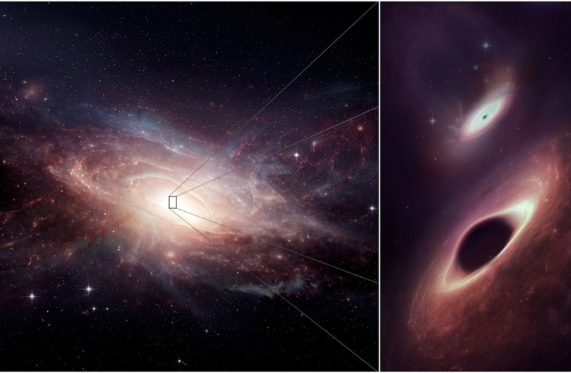 This artist’s conception shows the late-stage galaxy merger and its two central black holes. The binary black holes are the closest together ever observed in multiple wavelengths. (photo credit: ALMA (ESO/NAOJ/NRAO), M. Weiss (NRAO/AUI/NSF))