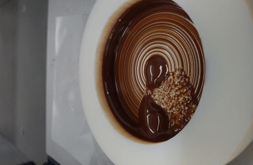   A confocal microscope image of molten dark chocolate.  (photo credit: Dr. Siavash Soltanahmadi)