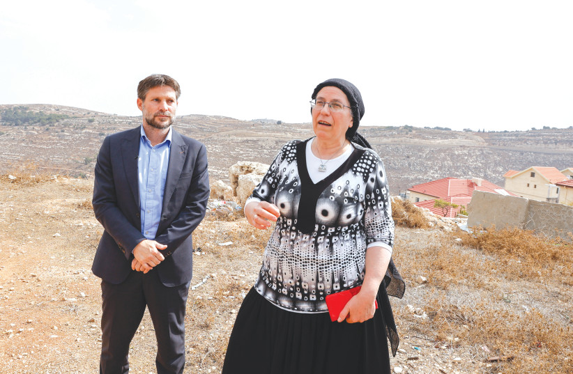  BEZALEL SMOTRICH and Orit Struck visit Gush Etzion in October, days before the election (photo credit: GERSHON ELINSON/FLASH90)