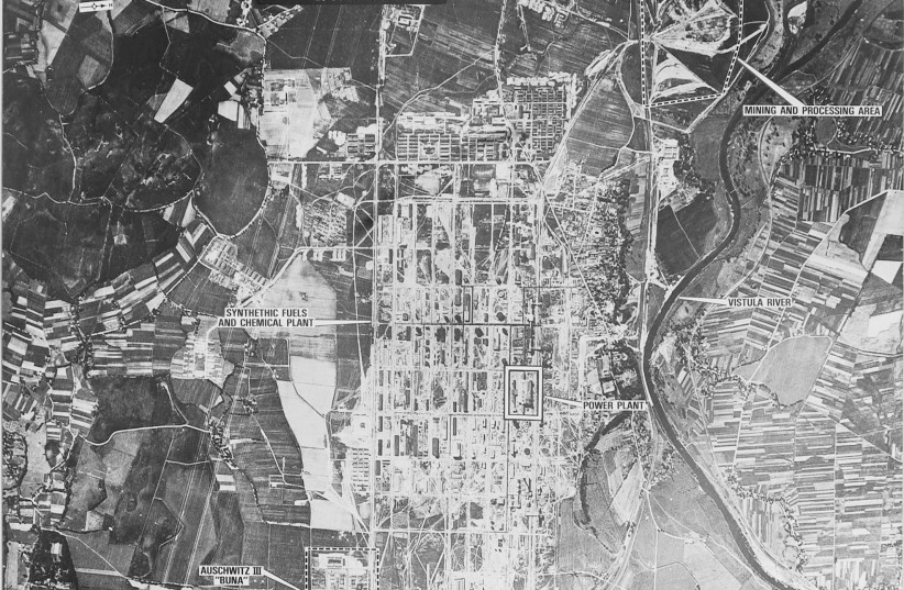  AN AERIAL photo shows the I.G. Farben Complex at Buna Monowice, a sub-camp of the Auschwitz-Birkenau complex (photo credit: Yad Vashem Archives)
