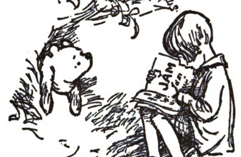  Pooh listening to Christopher Robin, Winnie-the-Pooh (1926). Illustration by E. H. Shepard. (credit: Wikimedia Commons)