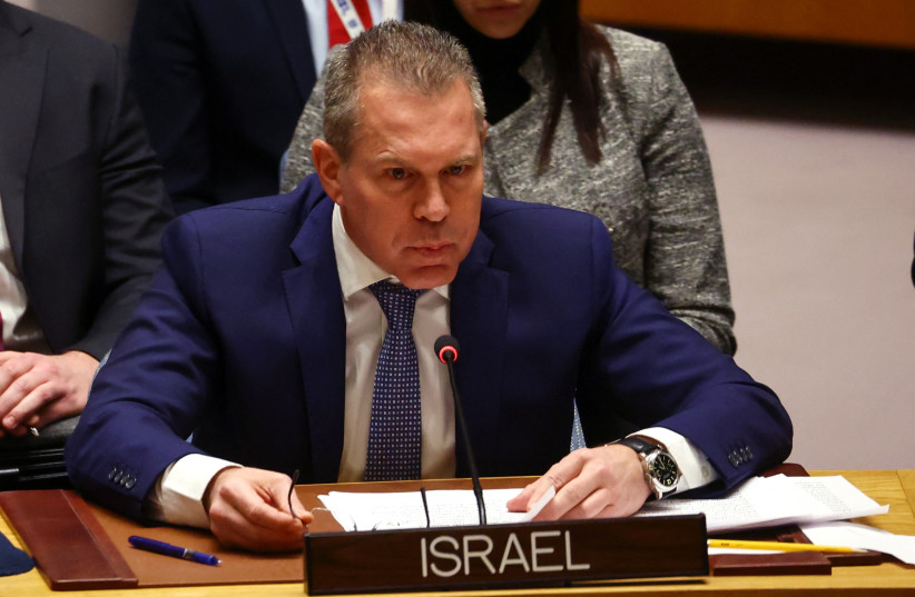  Gilad Erdan, Israeli Ambassador to the United Nations speaks during a U.N. Security Council meeting to discuss recent developments at the Al Aqsa mosque compound in Jerusalem, at U.N. headquarters in New York City, New York, US, January 5, 2023.  (photo credit: REUTERS/MIKE SEGAR)