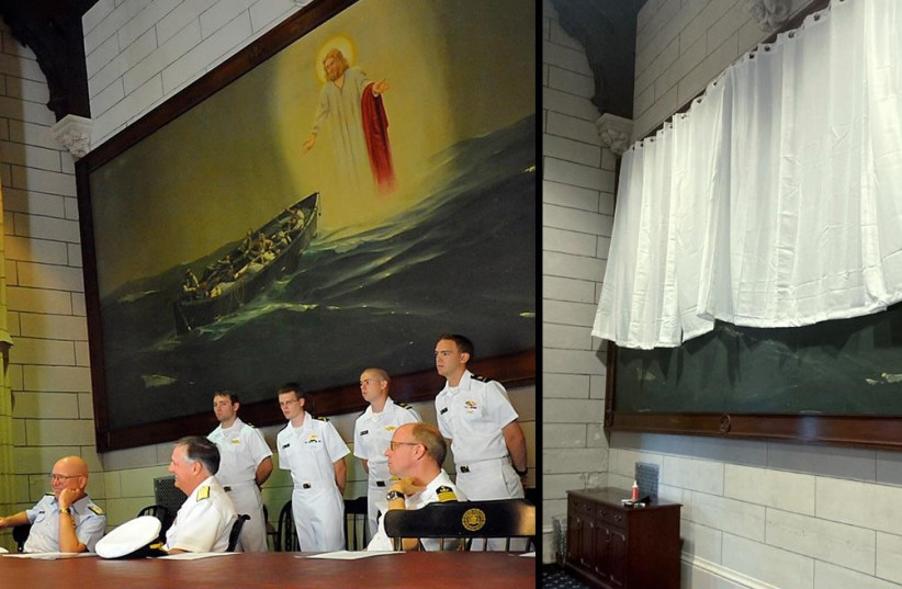  A before and after photo depicting how a painting of Jesus at the US Merchant Marine Academy in Kings Point, New York, is now obscured by a curtain (photo credit: US Coast Guard, US Merchant Marine Academy)