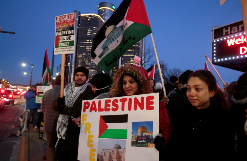  Palestinian Americans and supporters demonstrate against then-US President Donald Trump's recognition of Jerusalem as Israel's capital in Detroit, Michigan, US, December 8, 2017.  (credit: REUTERS/REBECCA COOK)