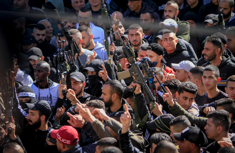 Palestinian mourners attend the funeral of two Palestinians who were killed by Israeli security forces during a raid of Israeli security forces, Jenin, in the West Bank, January 19, 2023. (credit: NASSER ISHTAYEH/FLASH90)