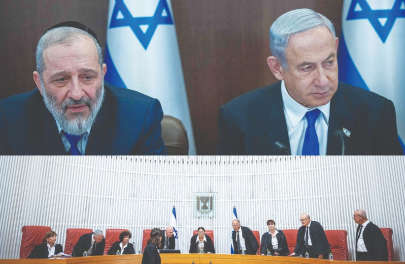  A COLLAGE with Prime Minister Benjamin Netanyahu, Health and Interior Minister Arye Deri and the justices of the High Court. (credit: YONATAN SINDEL/FLASH90)