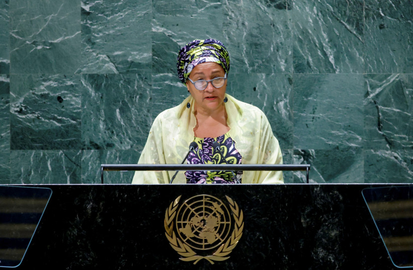 United Nations Deputy Secretary-General Amina J. Mohammed speaks at the United Nations General Assembly celebration of Nelson Mandela International Day at the United Nations Headquarters in New York, U.S., July 18, 2022.   (photo credit: EDUARDO MUNOZ / REUTERS)