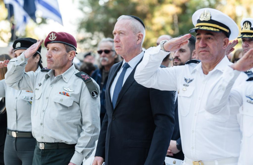  Israeli Defense Minister Yoav Gallant is seen attending a memorial for the 69 crew members of the Dakar submarine lost when the submarine sank in 1968, at Mount Herzl, Jerusalem, on January 22, 2023. (credit: IDF SPOKESPERSON'S UNIT)