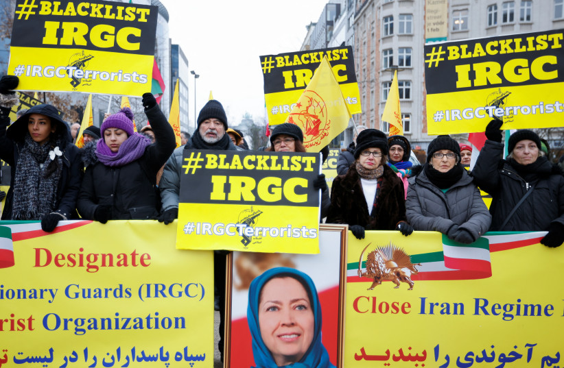  People rally against Iranian regime during a European Union (EU) Foreign Affairs council in Brussels, Belgium January 23, 2023.  (photo credit:  REUTERS/JOHANNA GERON)