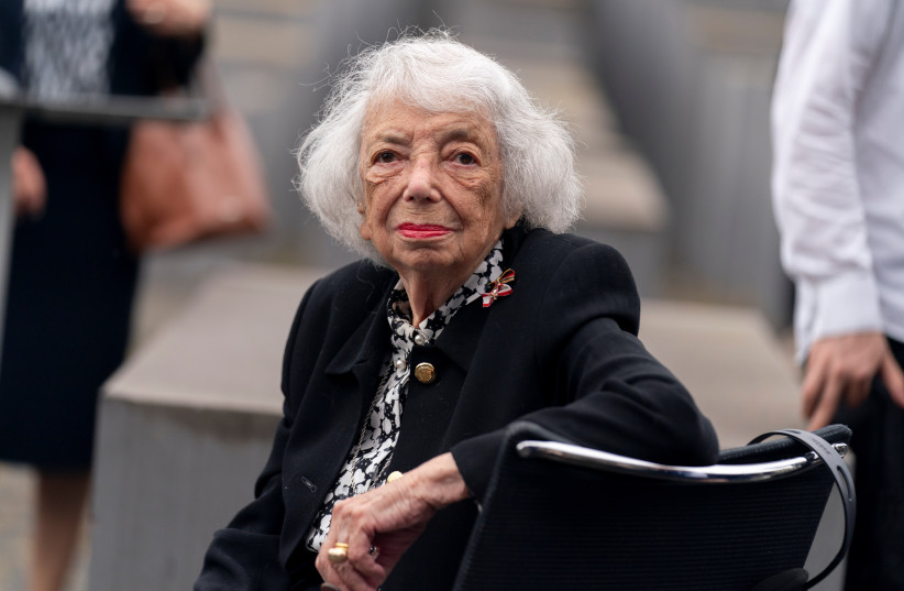 Holocaust Survivor Margot Friedlander looks on during an event with U.S. Secretary of State Antony Blinken (not seen) at the Memorial to the Murdered Jews of Europe in Berlin, Germany June 24, 2021 (photo credit: ANDREW HARNIK/POOL VIA REUTERS)