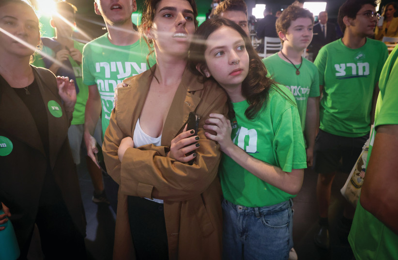  MERETZ PARTY supporters react with dismay to exit poll results on election night, November 1. ‘The vast majority of Israelis line up Center-Right. The extreme Left has imploded,’ says the writer.  (photo credit: FLASH90)