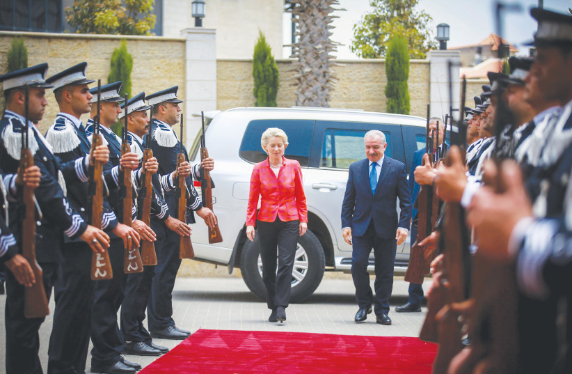  PA PRIME MINISTER Mohammad Shtayyeh receives European Commission President Ursula von der Leyen in Ramallah, last year. The PA’s disintegration would be a public relations debacle for the Palestinians and reduce their appeal among naive Europeans, says the writer.  (photo credit: FLASH90)
