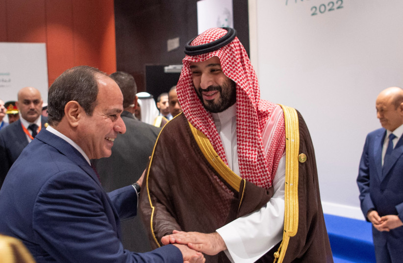  Saudi Arabia's Crown Prince Mohammed bin Salman meets with Egypt's President Abdel Fattah al-Sisi during the second edition of the summit of the Green Middle East Initiative, held on the sidelines of the COP27 climate conference at Sharm el-Sheikh, in Egypt, November 7, 2022. (photo credit: BANDAR ALGALOUD/COURTESY OF SAUDI ROYAL COURT/HANDOUT VIA REUTERS)