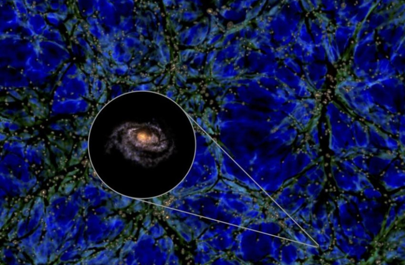  A lonely Milky Way Analogue galaxy, too massive for its wall. The background image shows the distribution of dark matter (green and blue) and galaxies (here seen as tiny yellow dots) in a thin slice of the cubic volume in which we expect to find one of such rare massive galaxies. (credit: Miguel A. Aragon-Calvo and Illustris TNG project)