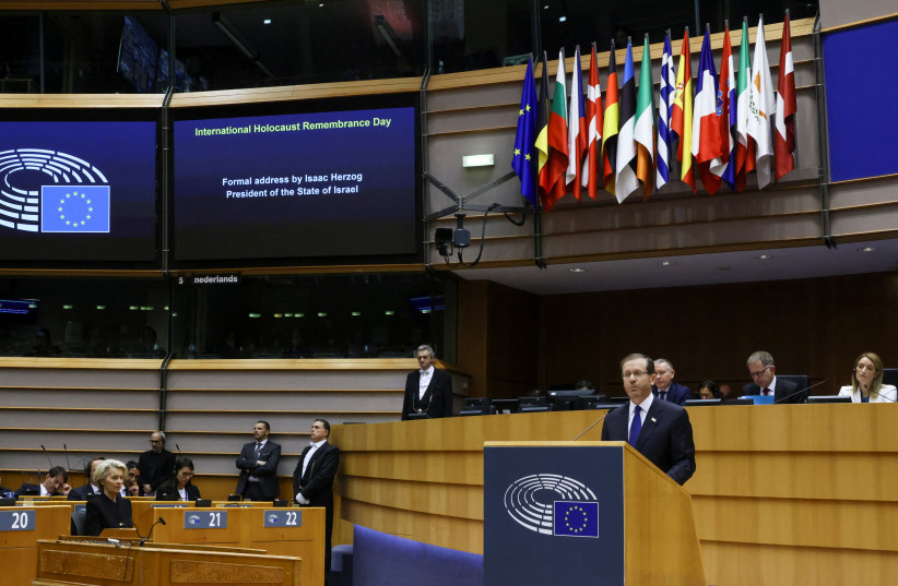  Israeli President Isaac Herzog speaks during an address to the European Parliament to mark Holocaust Memorial Day, in Brussels, Belgium January 26, 2023. (photo credit: REUTERS/YVES HERMAN)
