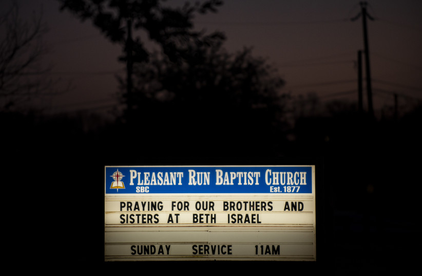   PLEASANT RUN Baptist Church offers support to Beth Israel Congregation members terrorized by a gunman, in Colleyville, Texas, Jan. 2022.  (photo credit: Emil Lippe/Getty Images)