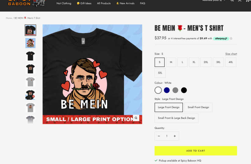 Image of now removed Hitler merchandise on the Spicy Baboon site (photo credit: Screenshot of Spicy Baboon site via Anti-Defamation Commission)