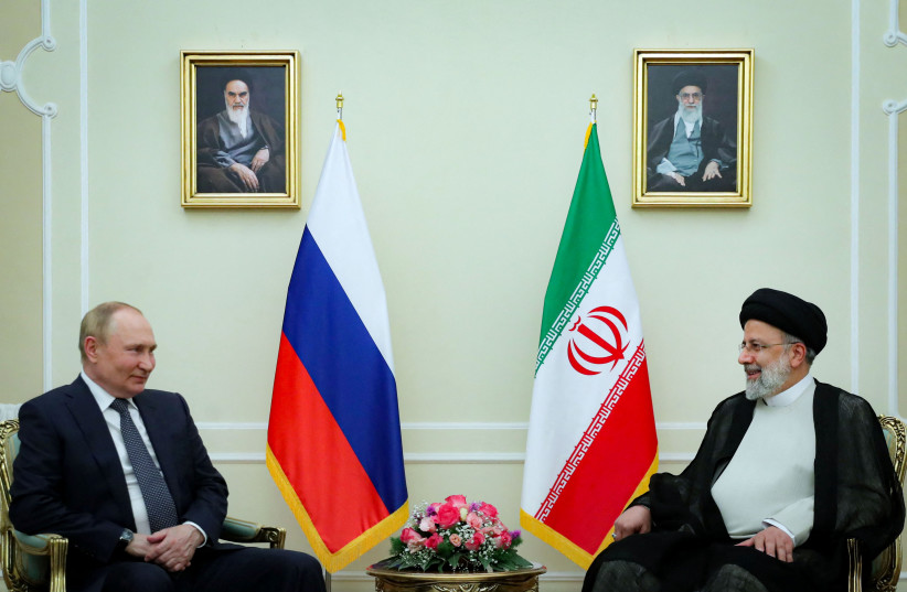  Russian President Vladimir Putin meets with Iranian President Ebrahim Raisi in Tehran, Iran July 19, 2022.  (photo credit: PRESIDENT WEBSITE/WANA (WEST ASIA NEWS AGENCY)/HANDOUT VIA REUTERS)