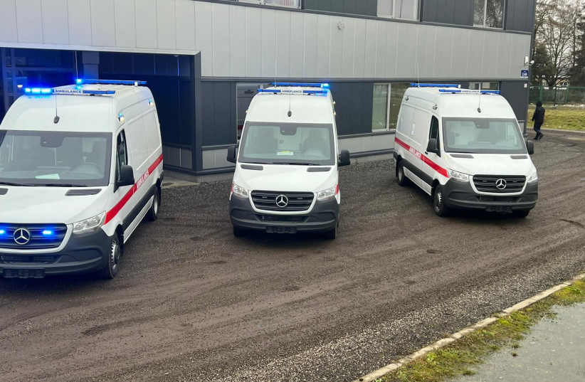 Three armored ambulances make their way from Israel to Ukraine to be used in the war with Russia.  (credit: MINISTRY OF DEFENSE SPOKESPERSON'S OFFICE)