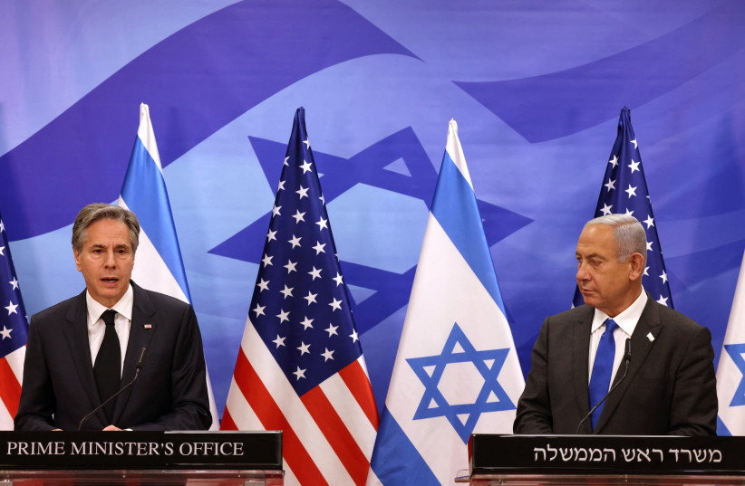  US Secretary of State Antony Blinken (L) and Israeli Prime Minister Benjamin Netanyahu give a joint press conference, on January 30, 2023 (credit: RONALDO SCHEMIDT/POOL VIA REUTERS)