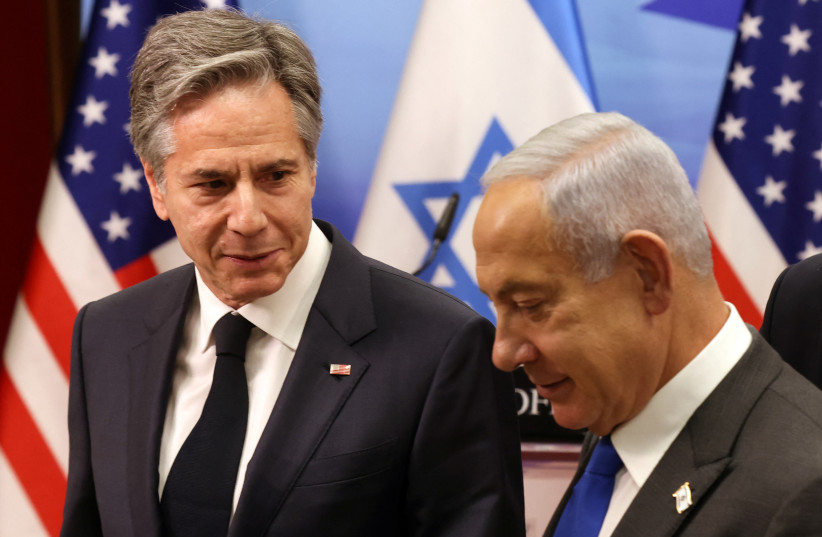  US Secretary of State Antony Blinken (L) and Israeli Prime Minister Benjamin Netanyahu give a joint press conference, on January 30, 2023 (photo credit: RONALDO SCHEMIDT/POOL VIA REUTERS)