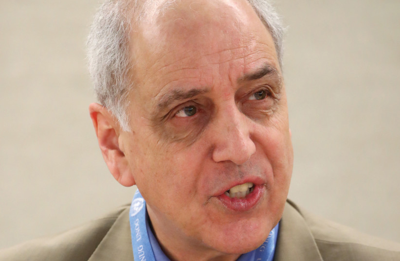  MICHAEL LYNK, then-special rapporteur on the situation of human rights in the Palestinian territories, attends a session of the Human Rights Council at the UN in Geneva, in 2019. (photo credit: DENIS BALIBOUSE/REUTERS)