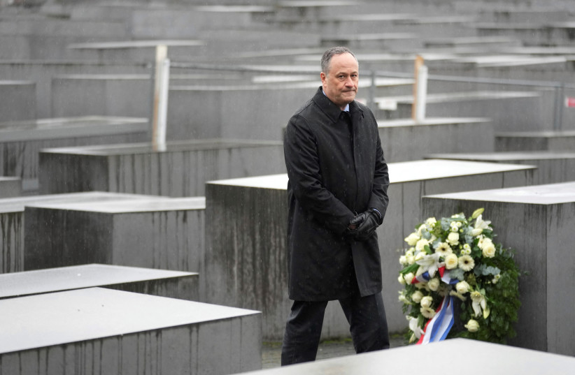 The Second Gentleman of the United States, Douglas Emhoff, stands between concrete steles after a wreath-laying ceremony as part of his visit at the 'Memorial to the Murdered Jews of Europe' in Berlin, Germany, Tuesday, Jan. 31, 2023 (credit: Michael Sohn/Pool via REUTERS)