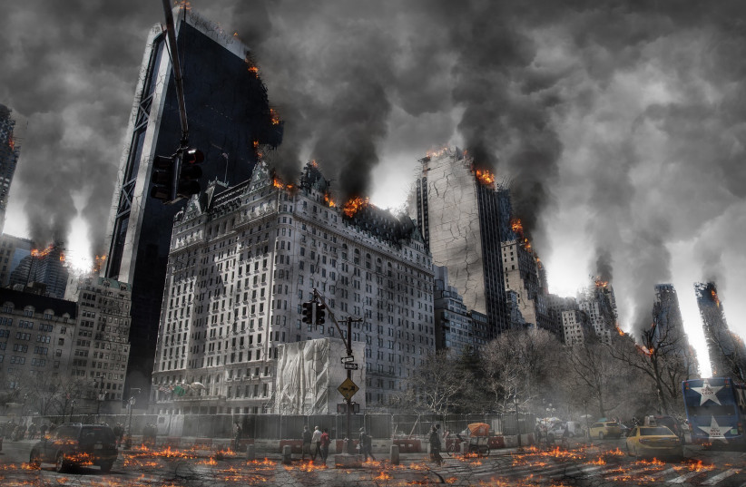  An artistic illustration of a city on fire amid an apocalyptic scenario. But even during doomsday, you'll still need to pay your taxes. (photo credit: PIXABAY)