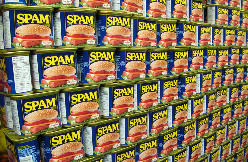  Many cans of SPAM stacked on top of each other (credit: Wikimedia Commons)