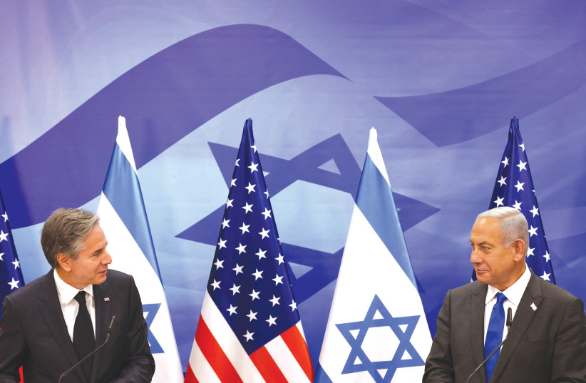  US SECRETARY of State Antony Blinken and Prime Minister Benjamin Netanyahu meet with the media on Monday, in Jerusalem.  (photo credit: Ronaldo Schemidt/AFP via Getty Images)