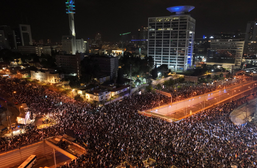 An aerial view shows Israelis attending a demonstration against proposed judicial reforms by Israel's new right-wing government in Tel Aviv, Israel, January 28, 2023. (photo credit: REUTERS/OREN ALON)