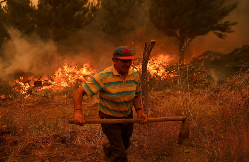  A local resident works during a wildfire in Santa Juana, near Concepcion, Chile (credit: REUTERS)