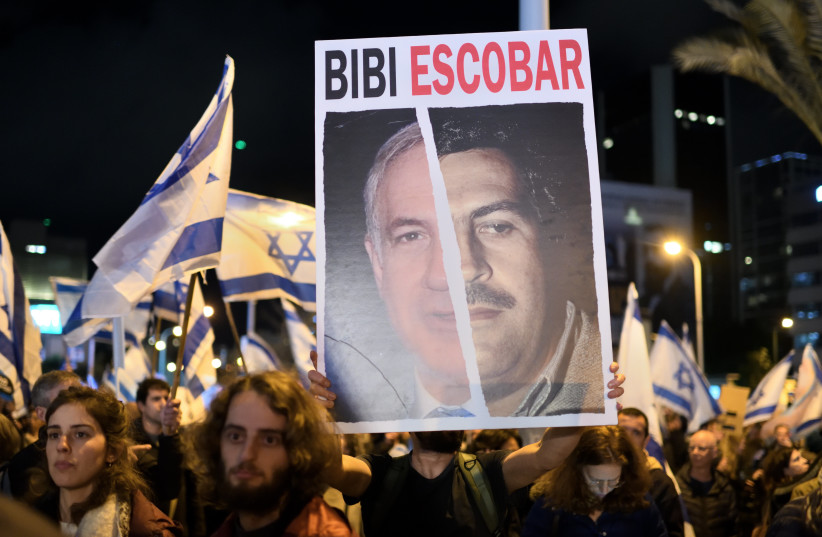 Thousands of Israeli protesters rally against Prime Minister Benjamin Netanyahu's new government in the coastal city of Tel Aviv on February 04, 2023. (photo credit: GILI YAARI/FLASH90)