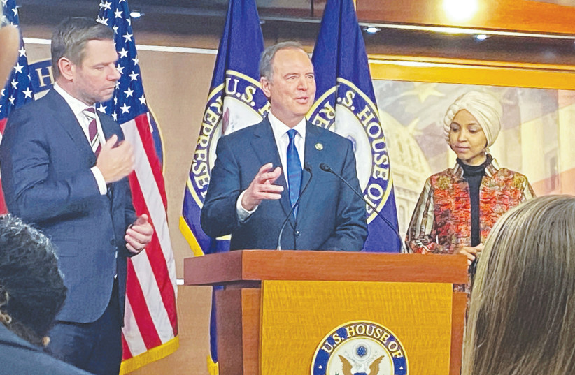  US REP. Adam Schiff (D-CA) is flanked by Rep. Eric Swalwell (D-CA) and Rep. Ilhan Omar (D-MN) at a news conference on Capitol Hill last month before the Republicans ousted Omar from the Foreign Affairs Committee.  (photo credit: Patricia Zengerle/Reuters)