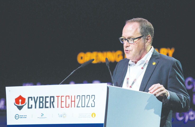  THE WRITER addresses the Cybertech Conference in Tel Aviv, last week. (photo credit: DANI MACHLIS/BGU)