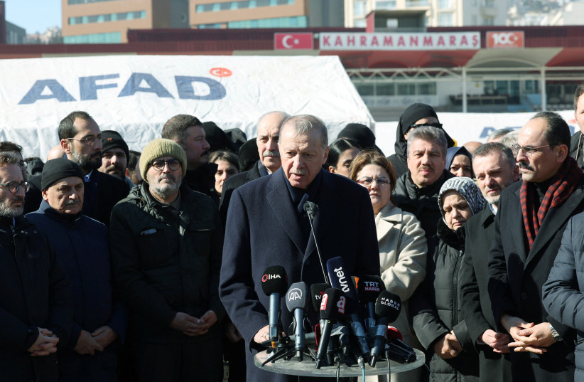  Turkish President Tayyip Erdogan talks to media in the aftermath of a deadly earthquake in Kahramanmaras, Turkey February 8, 2023 (photo credit: PRESIDENTIAL PRESS OFFICE/HANDOUT VIA REUTERS)