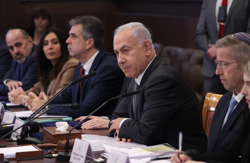 Benjamin Netanyahu at the government cabinet meeting, February 12, 2023. (photo credit: AMIT SHABI/POOL)