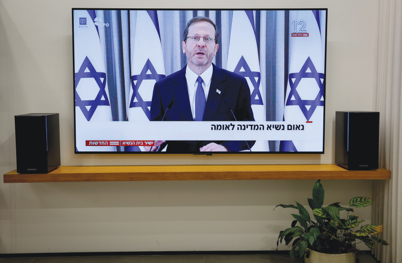  PRESIDENT ISAAC HERZOG delivers his address to the nation, on Sunday night. (photo credit: NATI SHOHAT/FLASH90)