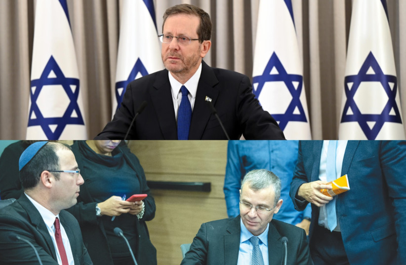  Israeli President Isaac Herzog (top) and MK Simcha Rothman (Bottom Left) and Justice Minister Yariv Levin. (credit: HAIM ZACH/GPO, YONATAN SINDEL/FLASH90)