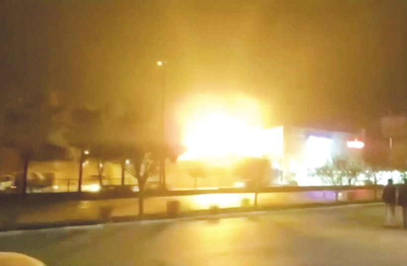  EYEWITNESS FOOTAGE shows what is said to be the moment of an explosion at a military industry factory in Isfahan, Iran, last month, in this still image from a video. (photo credit: WEST ASIA NEWS AGENCY/REUTERS)