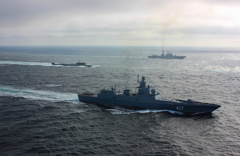  The frigate "Admiral of the Fleet of the Soviet Union Gorshkov" as part of a detachment of ships of the Northern Fleet during the transition from Severomorsk to Kronstadt to participate in the Main Naval Parade. (photo credit: Wikimedia Commons)