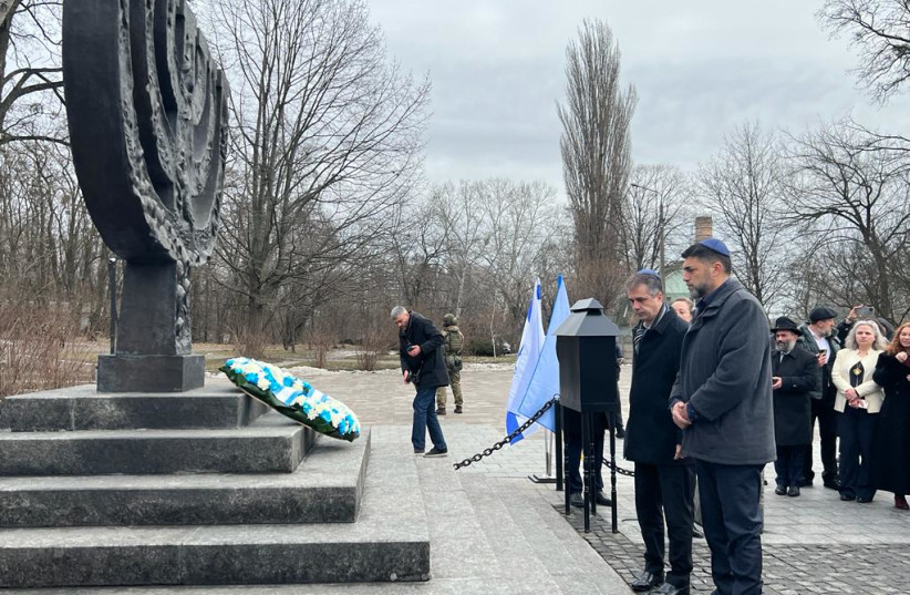  Foreign Minister Eli Cohen is seen at the Babyn Yar Holocaust Memorial Center in Ukraine on Ferbuary 16, 2023 (photo credit: TOVAH LAZAROFF)