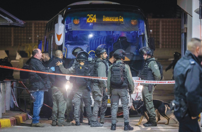  AT THE scene of a stabbing in which a Border Police officer was critically wounded at a Shuafat checkpoint, east Jerusalem, Feb. 13.  (credit: YONATAN SINDEL/FLASH90)