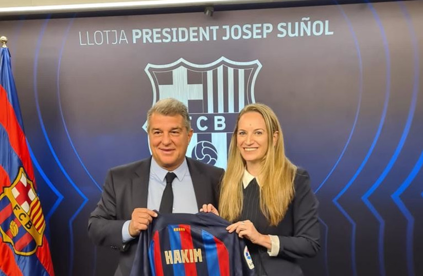 FC Barcelona's president Joan Laporta invited representatives of the Israeli embassy in Spain to their soccer match against Manchester United, on February 16, 2023, and gifted them with official merchandise. (credit: ISRAELI EMBASSY IN SPAIN)