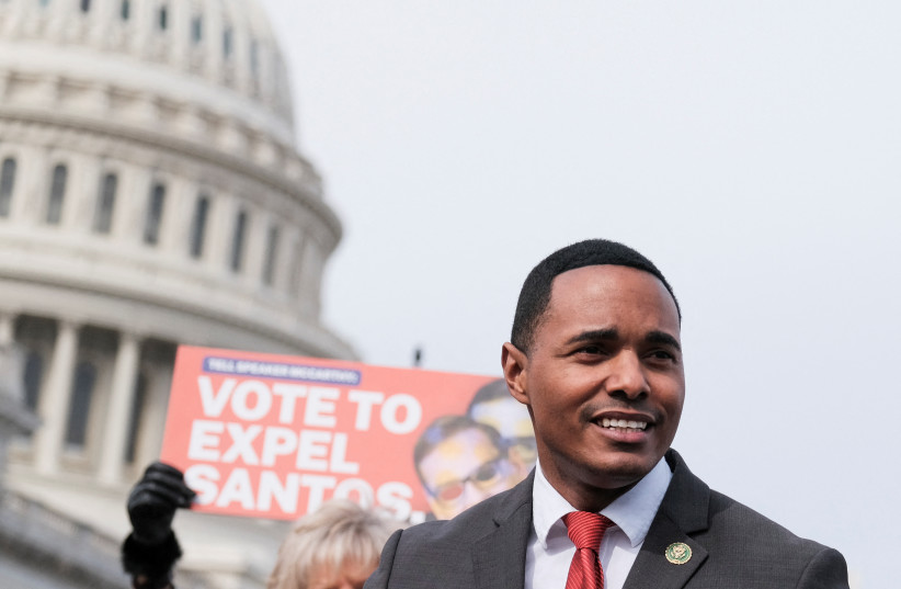  Rep. Ritchie Torres (D-NY) speaks during a news conference calling for the resignation of Rep. George Santos’s (R-NY), at the US, Capitol in Washington, US, February 7, 2023.  (photo credit: MICHAEL A. MCCOY/REUTERS)