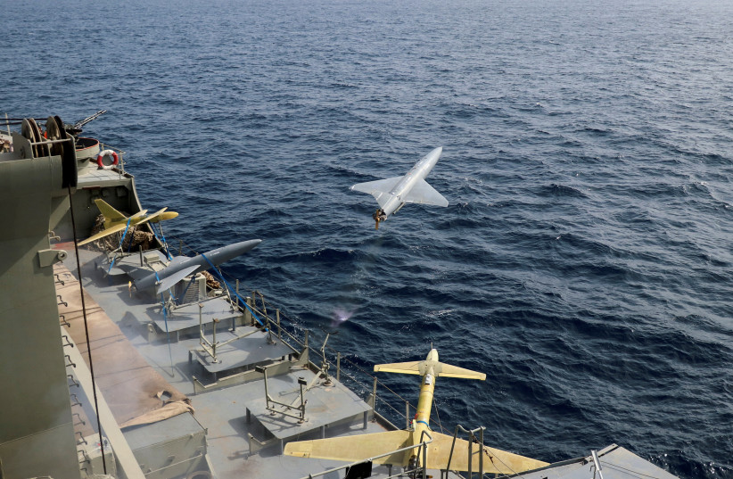  A drone is launched from an Iranian military ship during a military exercise in an undisclosed location in Iran, in this handout image obtained on August 25, 2022. (credit: IRANIAN ARMY/WANA (WEST ASIA NEWS AGENCY) VIA REUTERS)